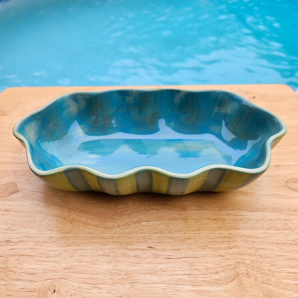 Provence Ruffled Bowl Designed By Gail Pittman striped Green & Turquoise